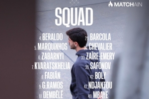 巴黎客战摩纳哥名单：登贝莱领衔，阿什拉夫、杜埃、门德斯缺席