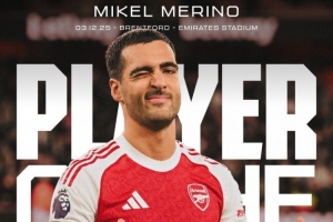 贡献传射！梅里诺当选对阵布伦特福德一役阿森纳队内最佳球员