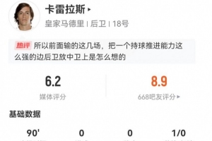 卡雷拉斯出任左后卫本场4抢断2拦截+3犯规 16对抗6成功+4被过